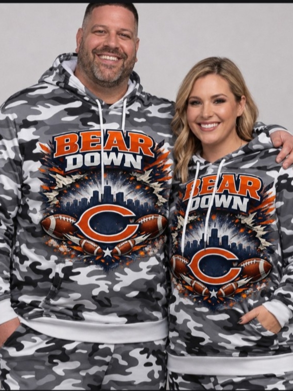 'Bear Down' Chicago Bears Gray Camo Pullover Hoodie and Pants Sweatsuit. Size 2X